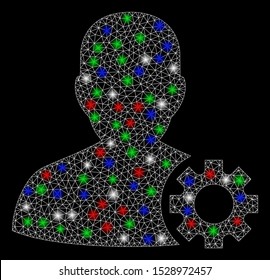 Bright mesh user options with glare effect. White wire frame polygonal mesh in vector format on a black background. Abstract 2d mesh designed with polygonal grid, spheric points, colorful flare spots.