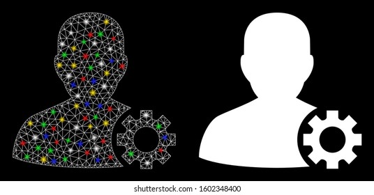 Bright mesh user options icon with glare effect. Abstract illuminated model of user options. Shiny wire frame triangular mesh user options icon. Vector abstraction on a black background.