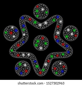 Bright mesh user organization with glow effect. White wire carcass triangular mesh in vector format on a black background. Abstract 2d mesh designed with triangular lines, dots, colored flash spots.