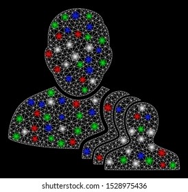 Bright mesh user pawns with glare effect. White wire frame polygonal mesh in vector format on a black background. Abstract 2d mesh designed with triangular lines, dots, colored glare spots.