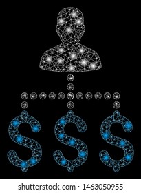 Bright mesh user payments with lightspot effect. Abstract illuminated model of user payments icon. Shiny wire carcass polygonal mesh user payments. Vector abstraction on a black background.
