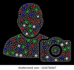 Bright mesh user photo with glow effect. White wire carcass polygonal mesh in vector format on a black background. Abstract 2d mesh designed with polygonal grid, dots, colorful light spots.