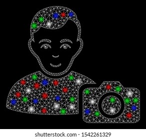 Bright mesh user photo with lightspot effect. White wire frame polygonal mesh in vector format on a black background. Abstract 2d mesh designed with polygonal grid, round dots, colored flare spots.