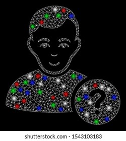 Bright mesh user question with glow effect. White wire frame triangular mesh in vector format on a black background. Abstract 2d mesh designed with triangular lines, small circle, colored flash spots.