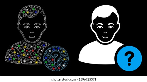 Bright mesh user question icon with lightspot effect. Abstract illuminated model of user question. Shiny wire frame polygonal mesh user question icon. Vector abstraction on a black background.