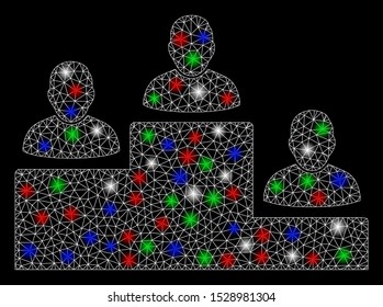 Bright mesh user rating levels with lightspot effect. White wire frame triangular mesh in vector format on a black background. Abstract 2d mesh designed with triangular lines, dots,