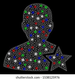Bright mesh user rating star with glare effect. White wire carcass polygonal network in vector format on a black background. Abstract 2d mesh designed with polygonal grid, spheric points,