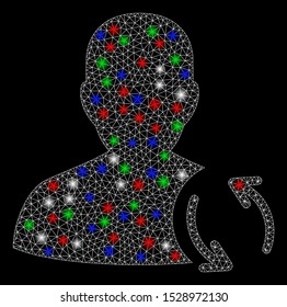 Bright mesh user refresh with glow effect. White wire carcass triangular mesh in vector format on a black background. Abstract 2d mesh designed with triangular lines, spheric points,