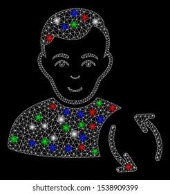 Bright mesh user refresh with lightspot effect. White wire frame triangular mesh in vector format on a black background. Abstract 2d mesh built from triangular lines, spheric points,