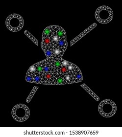 Bright mesh user relations with glare effect. White wire frame polygonal mesh in vector format on a black background. Abstract 2d mesh designed with polygonal grid, small circle, colorful glare spots.