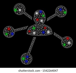 Bright mesh user relations with glare effect. White wire frame triangular mesh in vector format on a black background. Abstract 2d mesh designed with triangular lines, spheric points,