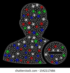 Bright mesh user remove with lightspot effect. White wire carcass triangular mesh in vector format on a black background. Abstract 2d mesh designed with triangular lines, dots, colorful glare spots.