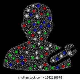 Bright mesh user repair wrench with glow effect. White wire frame polygonal mesh in vector format on a black background. Abstract 2d mesh designed with polygonal grid, round dots,