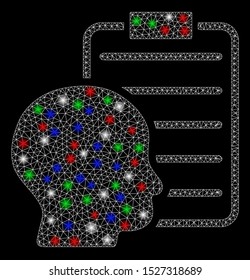 Bright mesh user report page with glow effect. White wire frame polygonal network in vector format on a black background. Abstract 2d mesh designed with polygonal grid, dots, colorful flash spots.