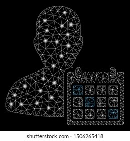 Bright mesh user schedule with glare effect. Abstract illuminated model of user schedule icon. Shiny wire frame polygonal mesh user schedule. Vector abstraction on a black background.