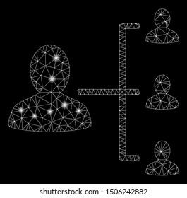 Bright mesh user scheme with lightspot effect. Abstract illuminated model of user scheme icon. Shiny wire carcass triangular mesh user scheme. Vector abstraction on a black background.