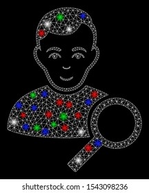 Bright mesh user search with glare effect. White wire frame triangular mesh in vector format on a black background. Abstract 2d mesh designed with triangles, round dots, colored flash spots.