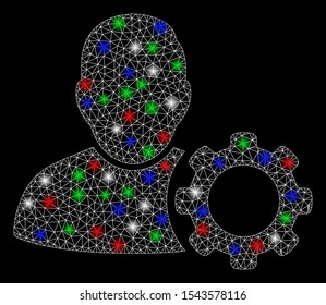 Bright mesh user settings gear with glare effect. White wire carcass triangular mesh in vector format on a black background. Abstract 2d mesh built from triangular lines, small circle,