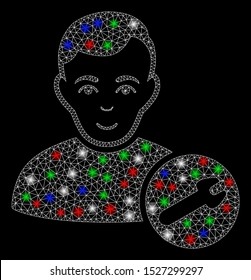 Bright mesh user settings wrench with lightspot effect. White wire carcass triangular mesh in vector format on a black background. Abstract 2d mesh designed with triangular lines, spheric points,