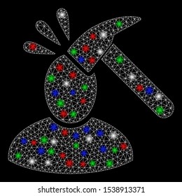 Bright mesh user shock with glare effect. White wire carcass triangular mesh in vector format on a black background. Abstract 2d mesh built from triangular lines, dots, colorful glare spots.