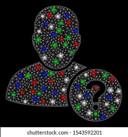 Bright mesh user status with lightspot effect. White wire frame polygonal mesh in vector format on a black background. Abstract 2d mesh designed with polygonal grid, small circle, colored flare spots.