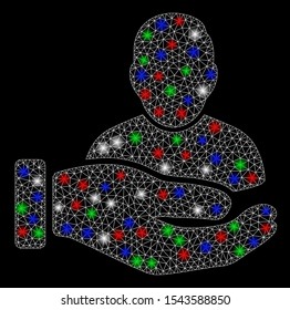 Bright mesh user support hand with lightspot effect. White wire carcass polygonal mesh in vector format on a black background. Abstract 2d mesh designed with polygonal grid, dots,