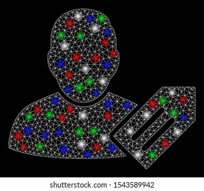 Bright mesh user tag with glow effect. White wire frame triangular network in vector format on a black background. Abstract 2d mesh designed with triangular lines, spheric points,