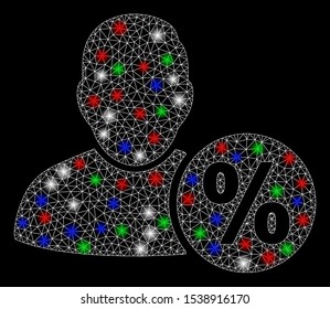 Bright mesh user tax percent with glare effect. White wire carcass polygonal mesh in vector format on a black background. Abstract 2d mesh designed with polygonal grid, round dots,