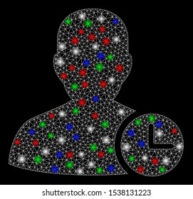 Bright mesh user time with lightspot effect. White wire carcass triangular mesh in vector format on a black background. Abstract 2d mesh designed with triangles, small circle, colored flare spots.