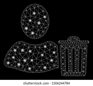 Bright mesh user trash with glare effect. Abstract illuminated model of user trash icon. Shiny wire frame polygonal network user trash. Vector abstraction on a black background.
