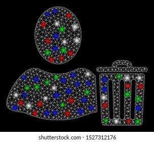 Bright mesh user trash with glare effect. White wire carcass triangular mesh in vector format on a black background. Abstract 2d mesh created from triangular lines, spheric points,