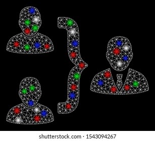 Bright mesh user union with glare effect. White wire frame triangular mesh in vector format on a black background. Abstract 2d mesh designed with triangular lines, points, colored glare spots.