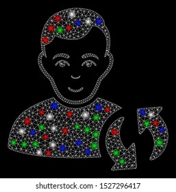 Bright mesh user update with glare effect. White wire frame polygonal mesh in vector format on a black background. Abstract 2d mesh designed with triangular lines, round dots, colorful glare spots.