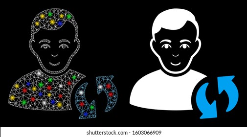 Bright mesh user update icon with glare effect. Abstract illuminated model of user update. Shiny wire carcass triangular mesh user update icon. Vector abstraction on a black background.