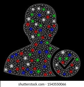 Bright mesh user valid with lightspot effect. White wire carcass triangular network in vector format on a black background. Abstract 2d mesh designed with triangular lines, round dots,