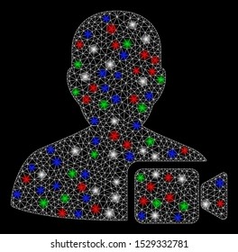 Bright mesh user video with glow effect. White wire carcass triangular mesh in vector format on a black background. Abstract 2d mesh designed with triangular lines, spheric points,