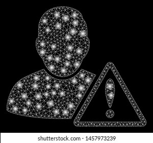 Bright mesh user warning with glow effect. Abstract illuminated model of user warning icon. Shiny wire frame polygonal mesh user warning. Vector abstraction on a black background.