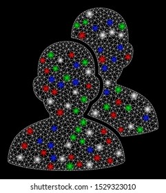 Bright mesh users with glare effect. White wire carcass polygonal mesh in vector format on a black background. Abstract 2d mesh built from polygonal grid, spheric points, colorful light spots.
