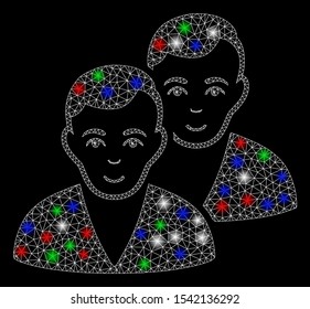 Bright mesh users with glare effect. White wire carcass polygonal mesh in vector format on a black background. Abstract 2d mesh built from polygonal grid, small circle, colorful glare spots.