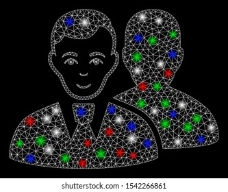 Bright mesh users with glare effect. White wire frame triangular mesh in vector format on a black background. Abstract 2d mesh created from triangular lines, dots, colored light spots.
