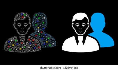 Bright mesh users icon with glow effect. Abstract illuminated model of users. Shiny wire carcass triangular mesh users icon. Vector abstraction on a black background.