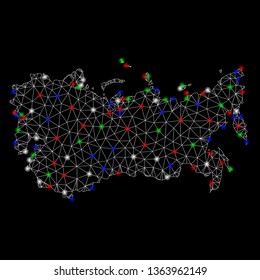 Bright mesh USSR map with glow effect. Wire carcass polygonal mesh in vector format on a black background. Abstract 2d mesh designed with triangles, round dots, colored light spots.
