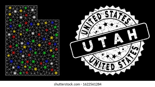 Bright mesh Utah State map with lightspot effect, and rubber print. Wire carcass triangular Utah State map mesh in vector format on a black background. White round stamp imprint with dirty surface.