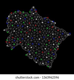Bright mesh Uttarakhand State map with glare effect. Wire carcass polygonal mesh in vector format on a black background. Abstract 2d mesh designed with polygonal grid, points, colorful flare spots.