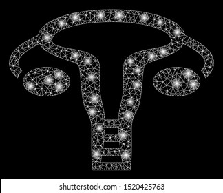 Bright mesh vagine with glitter effect. Abstract illuminated model of vagine icon. Shiny wire frame polygonal network vagine. Vector abstraction on a black background.
