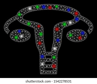 Bright mesh vagine with lightspot effect. White wire carcass polygonal mesh in vector format on a black background. Abstract 2d mesh designed with polygonal grid, dots, colored flash spots.