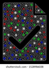 Bright mesh valid agreement page with glow effect. White wire carcass polygonal mesh in vector format on a black background. Abstract 2d mesh designed with polygonal grid, small circle,