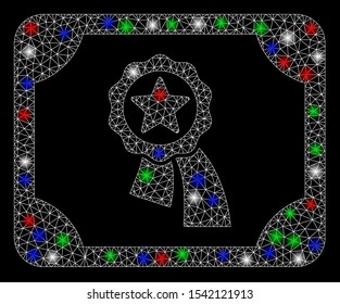 Bright mesh valid diploma with glare effect. White wire carcass triangular mesh in vector format on a black background. Abstract 2d mesh designed with triangular lines, round dots,