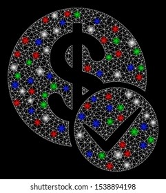 Bright mesh valid dollar coin with glare effect. White wire frame triangular mesh in vector format on a black background. Abstract 2d mesh designed with triangles, small circle, colorful flare spots.
