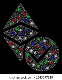 Bright mesh valid Ethereum classic with glare effect. White wire frame triangular network in vector format on a black background. Abstract 2d mesh designed with polygonal grid, round dots,